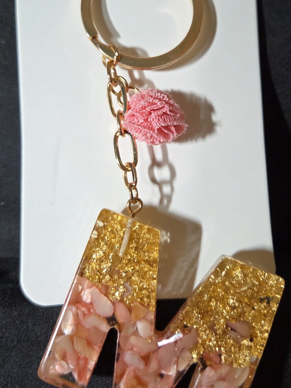 Gold and Pink Resin 'M' Keychain with Pom Accent